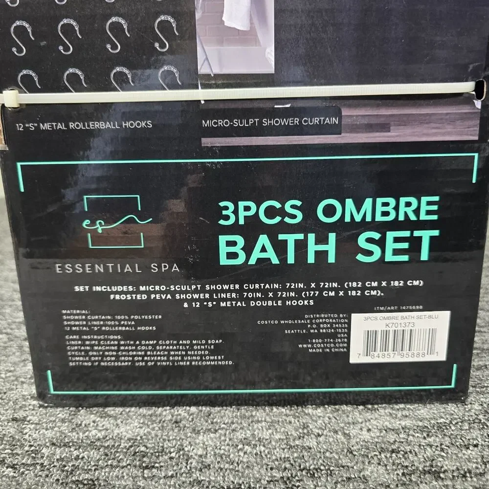 Essential Spa 3 Piece Ombre Bath Set Blue Shower Curtain White Liner Silver Hook